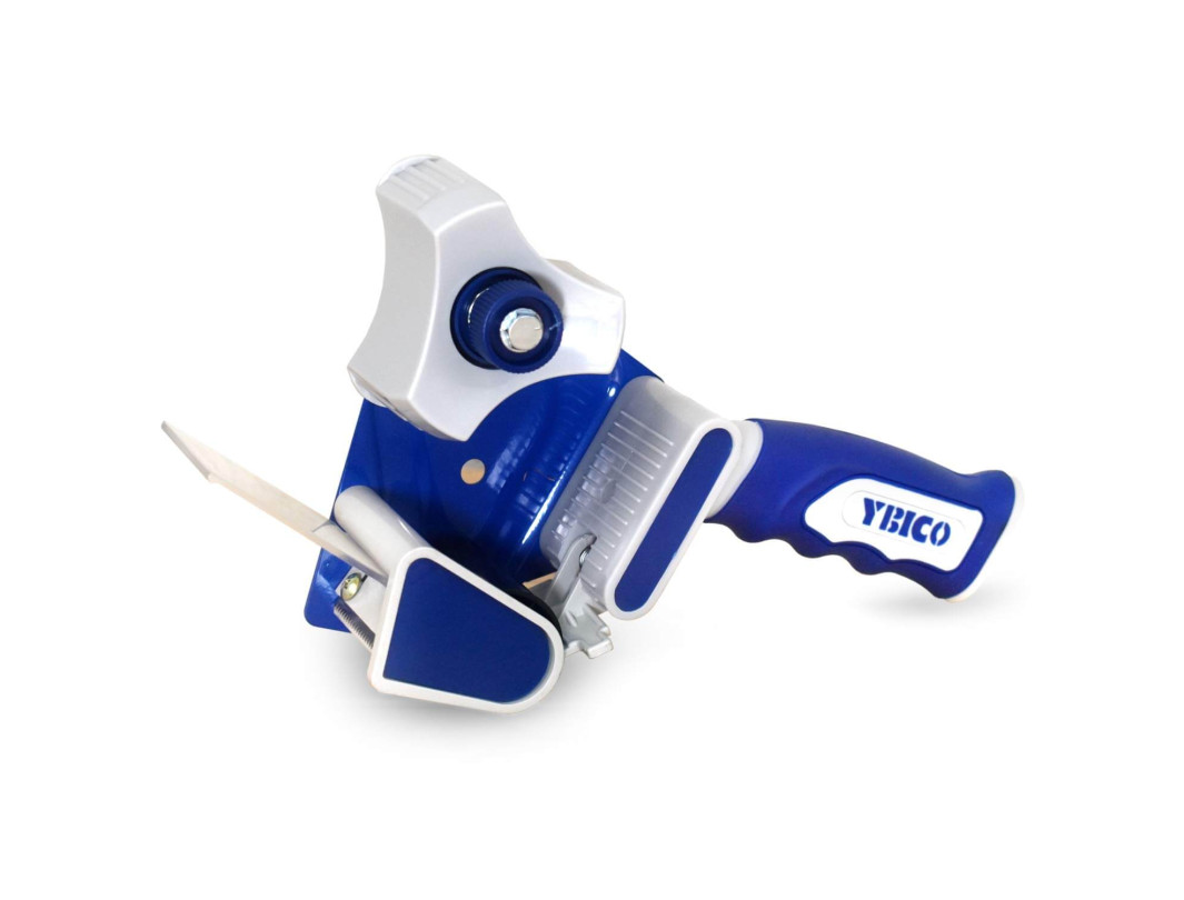 T-291 Tape Gun Dispenser for 2" Tapes, Safe Blade, Rubber Roller, Blue Metal Frame, Comfy Rubber Grip