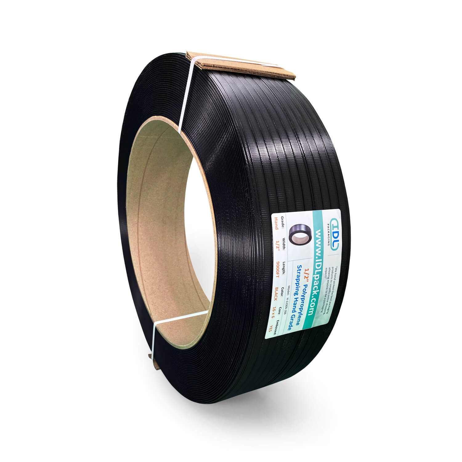 1/2" x 9000' Hand Grade Polypropylene (PP) Strapping Roll, 300 lbs. Break Strength, 16 x 6 Core, Black 2